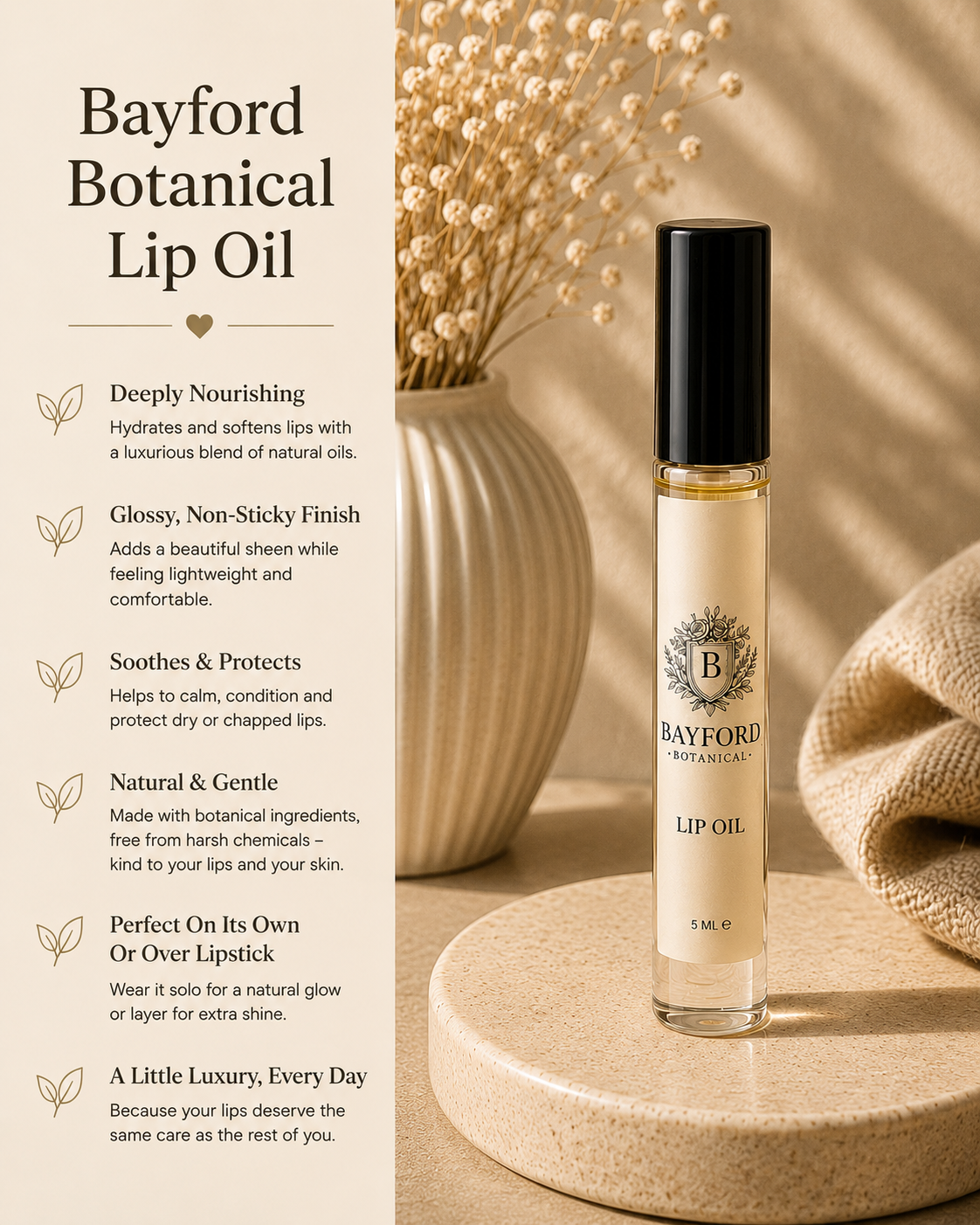 Bayford Botanical LIP OIL I with botanical benefits, displayed on the lip oil bottle on a warm neutral background.